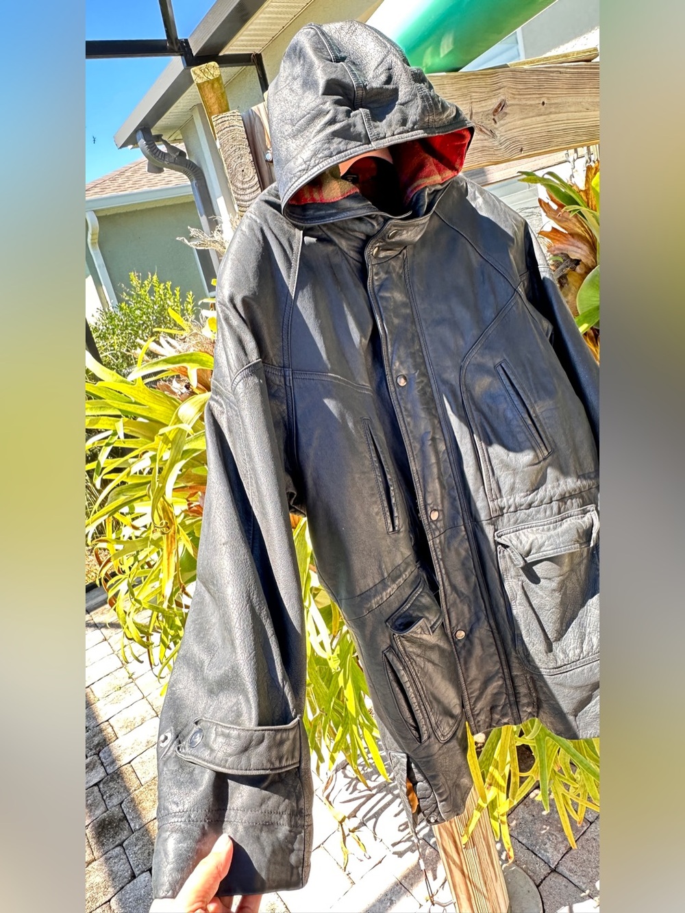 vintage 1990s IOU Leather Collection  genuine leather hooded parka coat Sz M - Picture 3 of 14